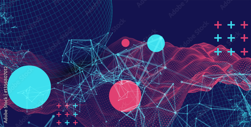 Poster Science fiction background. Abstract image of wireframe wave and sphere with plexus effect.