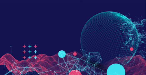 Science fiction background. Abstract image of wireframe wave and sphere with plexus effect. © Alex