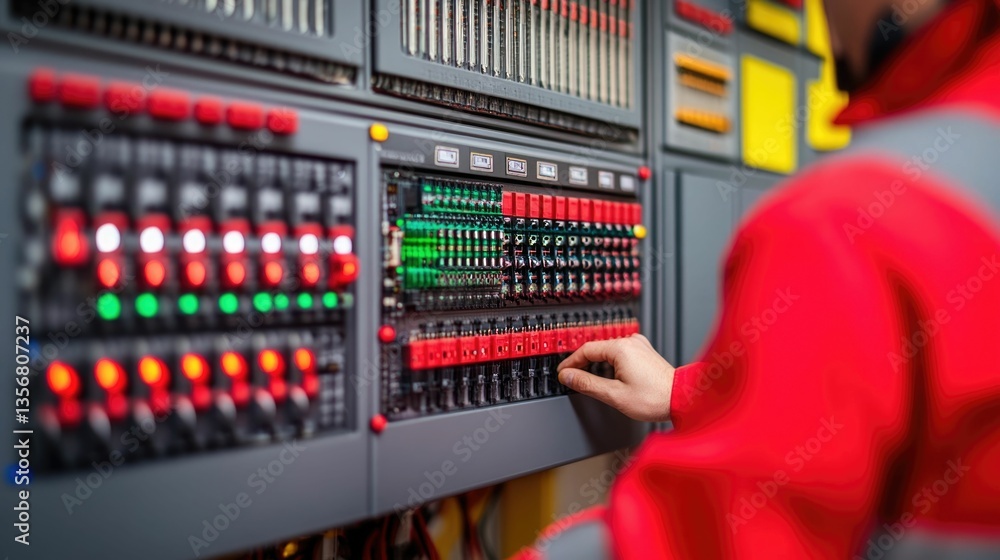 Poster engineer troubleshooting and analyzing electronic control system in a production facility to identif