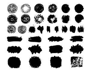 Collection of grunge ink brush strokes black paint brush strokes set. Vector abstract ink background. Isolated straight and arched grungy splash underlines. Hand-drawn round and square shape elements.