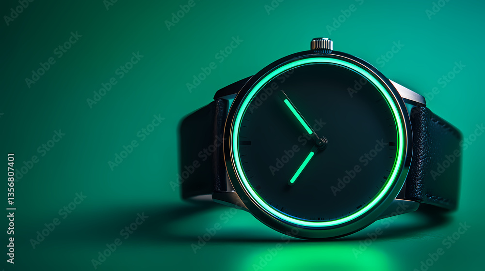 Poster time's elegance: illuminated watch with sleek design on a gradient backdrop, showing sophistication 