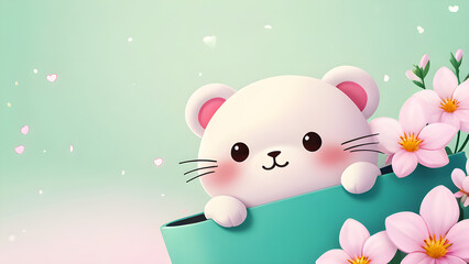 Cute white cat popping out of a green cup with pink flowers and hearts
