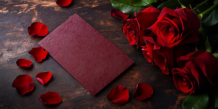 Dark wood background with red roses and petals surrounding a maroon card, perfect for Valentine's Day or romantic message mockup