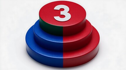 Third place podium, red and blue, number three.