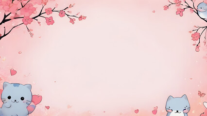 Cute Blue Kittens Playing with Hearts Under Cherry Blossoms on Pink Background