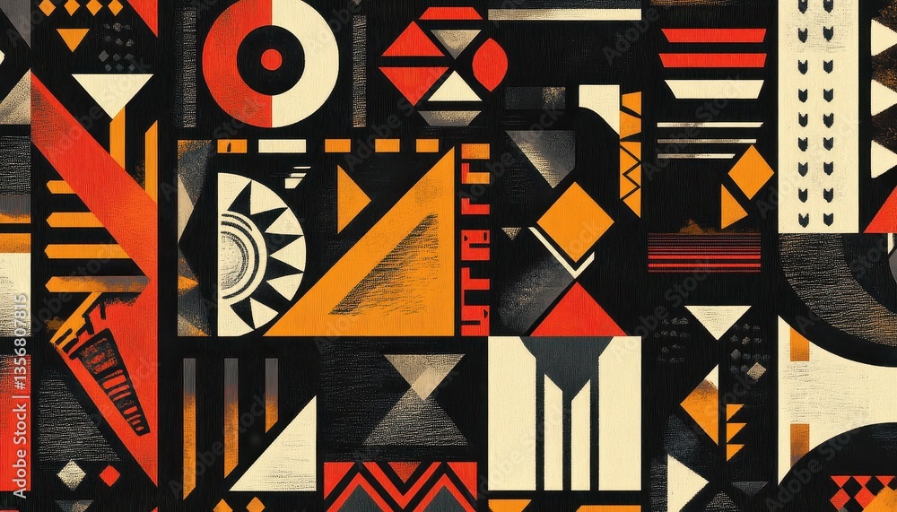 Poster abstract geometric pattern with orange red and black triangles and circles