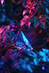 Crystal pyramid prism among vibrant neon-lit tropical plants creating mystical nighttime garden atmosphere background