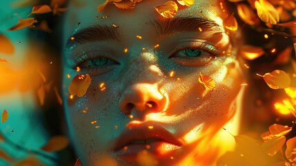 Enigmatic Woman with Glowing Eyes, Surreal floral elements emerging from her skin, a captivating fusion of muted tones and vibrant colors, evoking fantasy and mysticism.