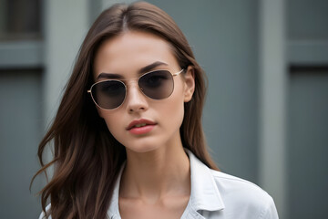 Businesswoman wearing stylish sunglasses posing in an urban setting