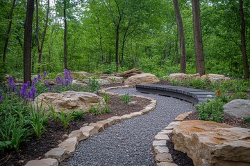 Winding path through a lush garden featuring natural stone, vibrant flowers, and wooden walkway surrounded by trees