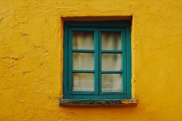 Colorful window on vibrant yellow wall creating a charming architectural detail in a quaint neighborhood