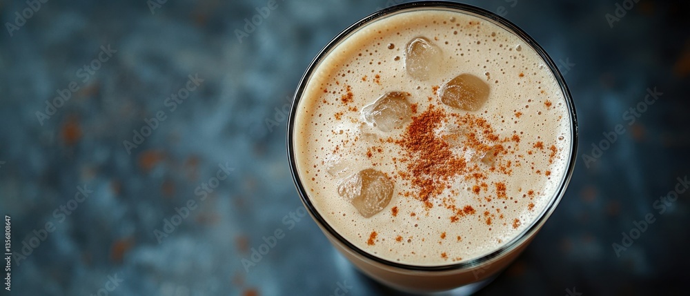 Poster refreshing iced latte with cinnamon spice on a textured dark background from above creating a cozy m