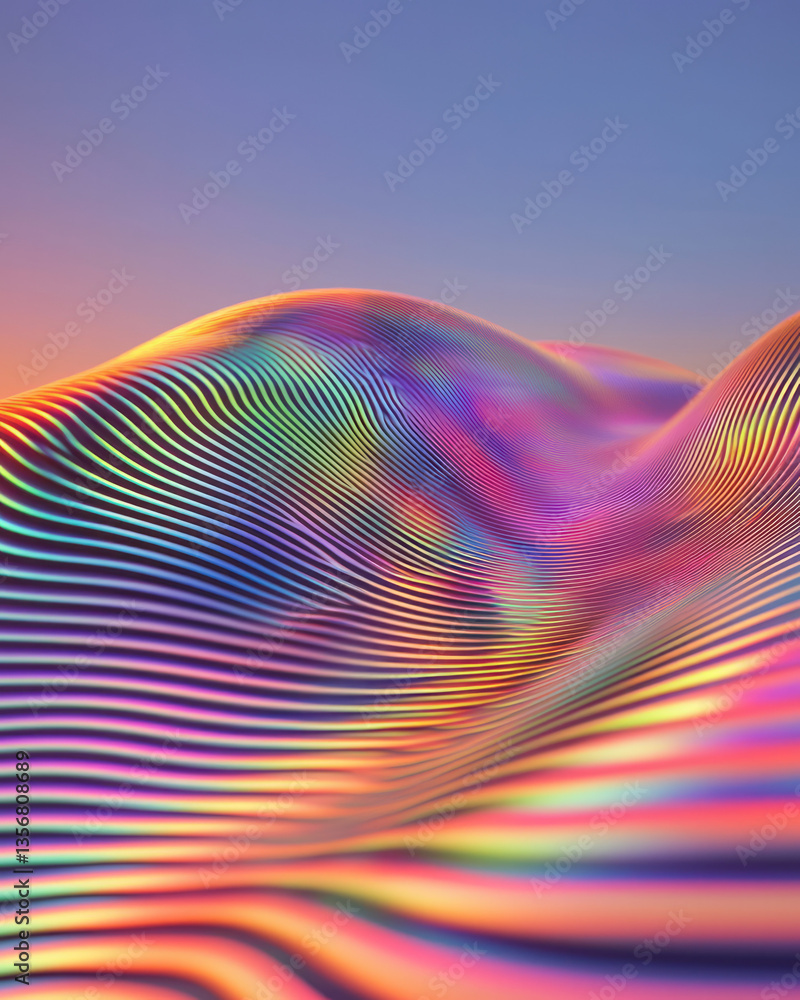 Poster a mesmerizing holographic ripple pattern with soft, iridescent waves radiating outward in layered