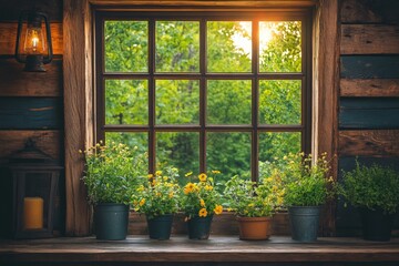 Window with blooming flowers overlooking a serene green landscape during sunset