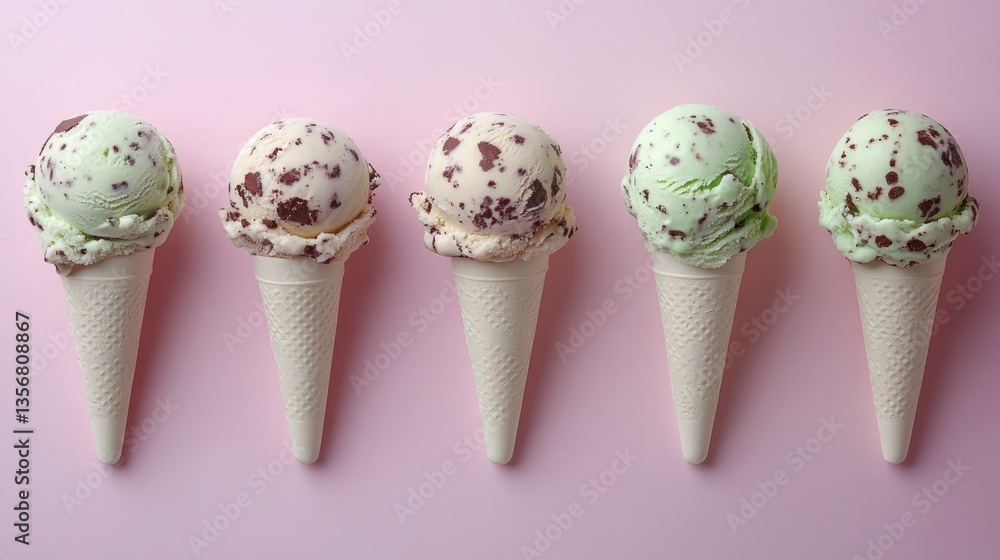 Poster delightful array of ice cream cones on a pink surface showcasing a refreshing and sweet treat with a