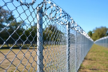 Chain link fence with barbed wire surrounding an open field on a clear day