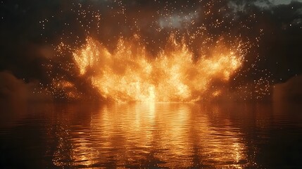 Fototapeta premium Fiery inferno reflected in calm water at night