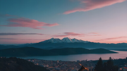 Beautiful pink and blue sunset over snowy mountain range and coastal city