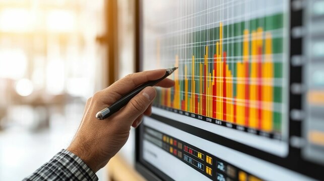 Manager reviewing and analyzing data and performance metrics displayed on a computer screen in a manufacturing or industrial production facility
