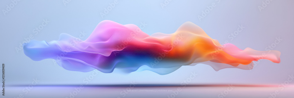 Poster a synthetic waveform illusion made of iridescent fibers and pulsing circuitry, suspended in virtual