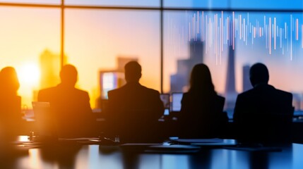 Silhouetted business professionals in a conference room during sunset with city skyline backdrop