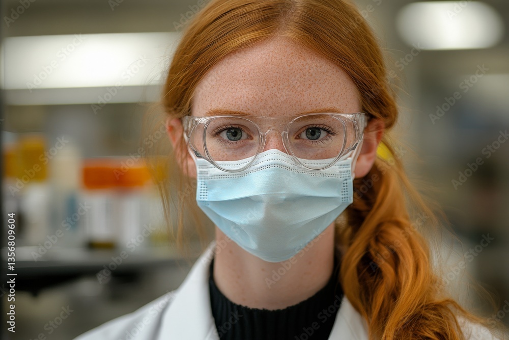 Aufkleber young scientist wearing glasses and a mask in laboratory setting during work hours focusing on resea