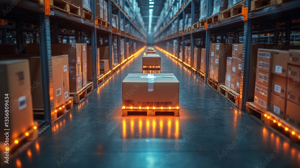 Poster a well organized warehouse displays numerous boxes on pallets, showcasing an efficient logistics sys