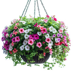 Hanging Basket Overflowing with Colorful Petunias Beautiful Spring Flowers isolated on transparent background