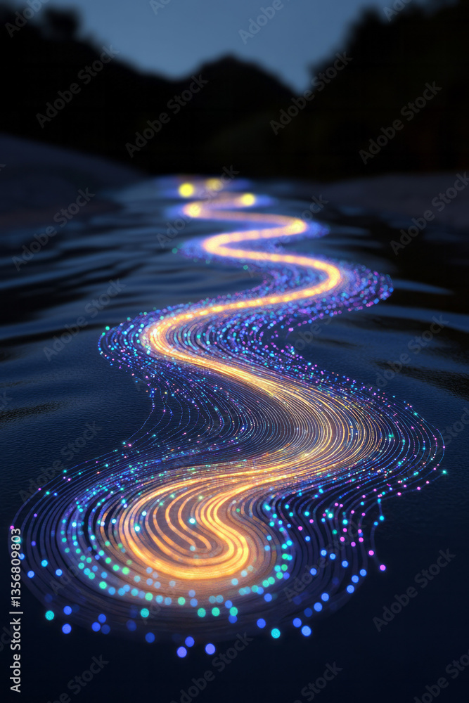 Poster a glowing wave illusion made of interlocking circuit traces, forming a fluid and symmetrical mirage