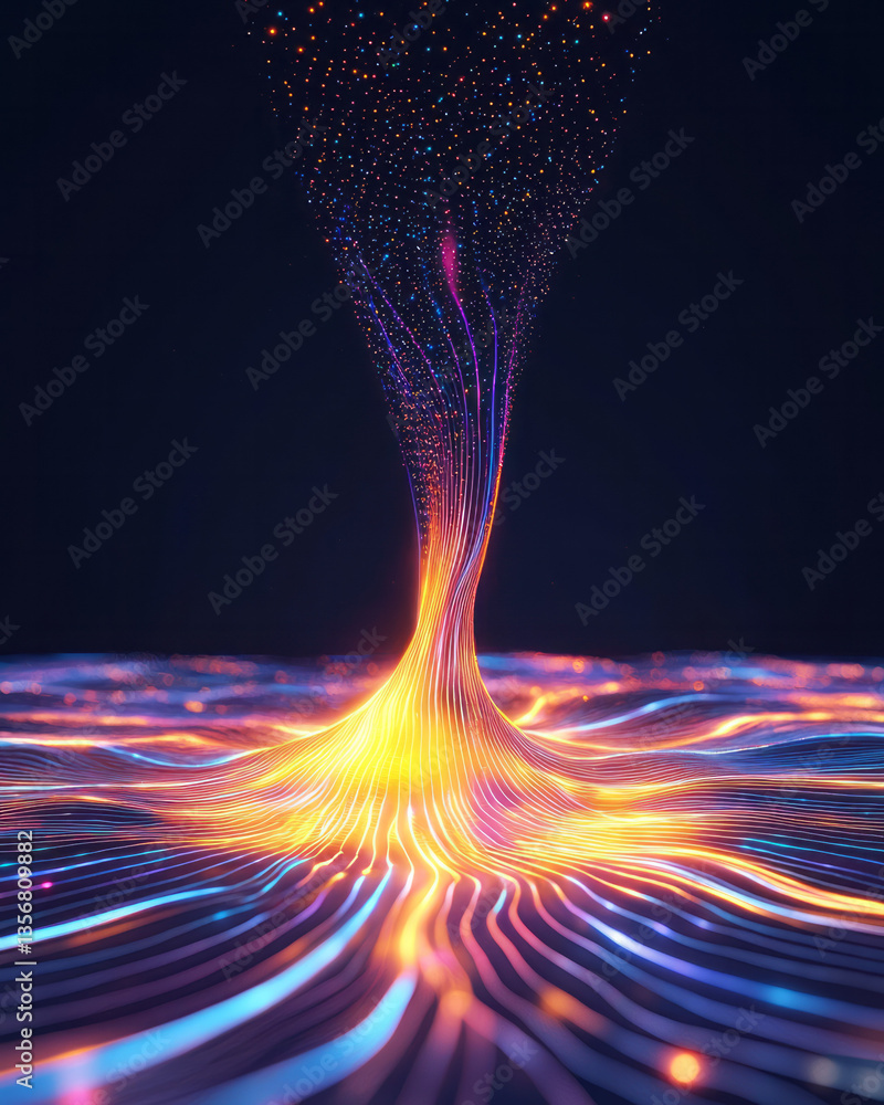 Poster a conceptual waveform illusion where a circuit board folds like a soft ripple under holographic