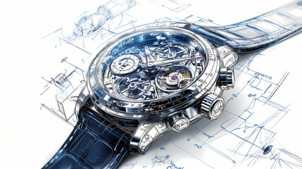 Exquisite Timepiece: A detailed illustration showcasing a luxurious wristwatch, highlighting intricate design with blue tones and the blueprints in the background.