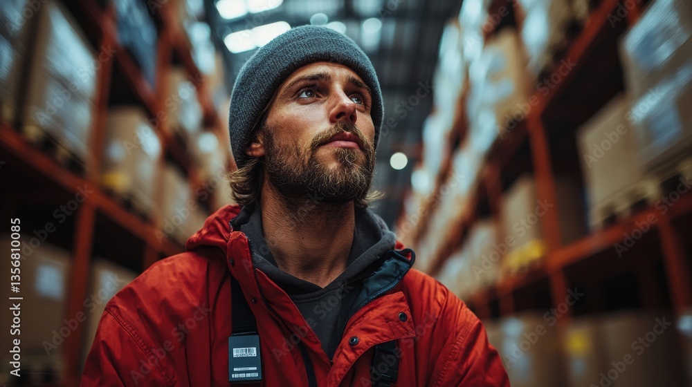 Poster a logistics professional in a red jacket and beanie surveys storage shelves filled with boxes, ensur