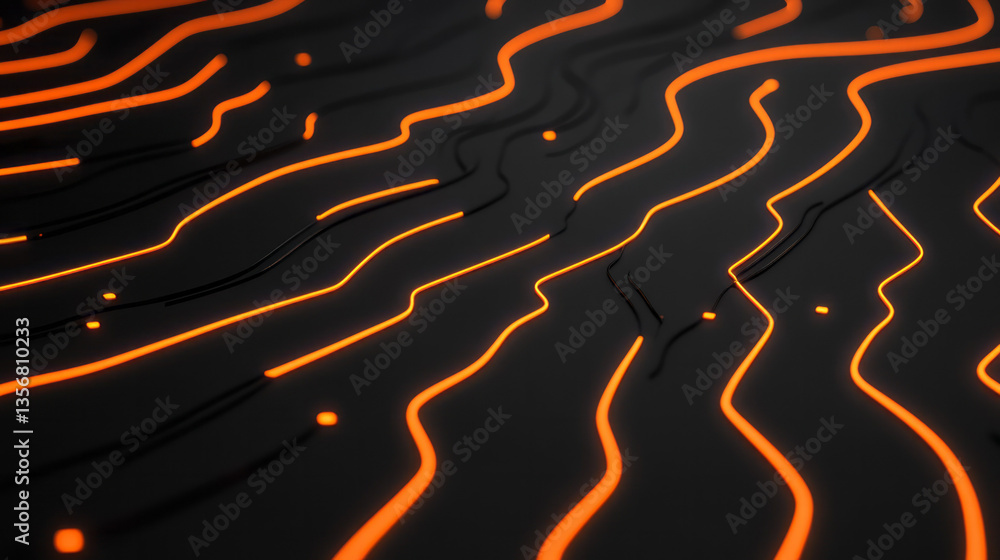 Poster a hyper-detailed pattern of flowing pcb tracks curving into a glowing wave mirage across a matte