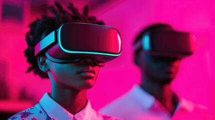 A mother and child engaged in an immersive virtual reality simulation surrounded by a vibrant futuristic home environment  The scene depicts the of advanced technology into modern family life