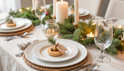 Fototapeta premium Elegant holiday dinner setting with gold accents and greenery, festive ambiance