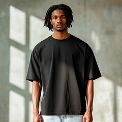 A young man poses in a plain black oversized t shirt