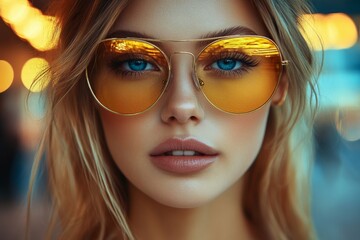 Fototapeta premium Woman wearing stylish sunglasses with vibrant reflections in a lively urban setting during the golden hour