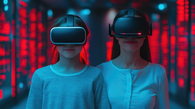 A mother and her daughter bonding over an immersive virtual reality experience in a futuristic styled home interior surrounded by modern decor and technology