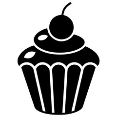 Minimalist Cupcake Icon with Cherry, Black Silhouette, Bakery Logo - Vector Illustration