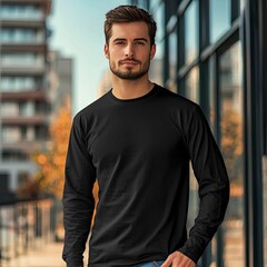 Handsome man wearing a plain black long sleeved shirt is posing