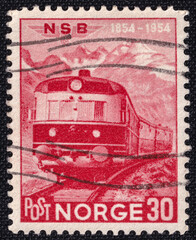 Norwegian stamp from 1954, commemorating the 100th anniversary of the Norwegian State Railways...