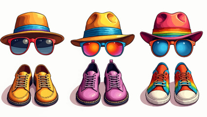 Colorful summer shoes, sunglasses, and hats in a playful and trendy layout, perfect for fashion and seasonal concepts.