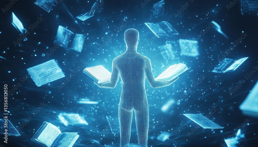 Poster digital humanoid amidst glowing data stream
