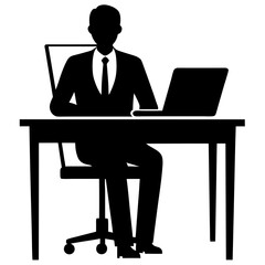 Businessperson Sitting at Desk Vector Silhouette – White Background Illustration