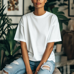 White oversize t-shirt mockup, Young woman with short hair wearing an oversized t-shirt and blue jeans, and sitting in a cozy room  with plants
