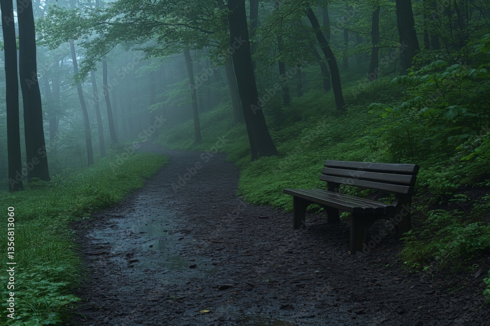 Aufkleber serene forest path with a wooden bench in misty conditions at dawn