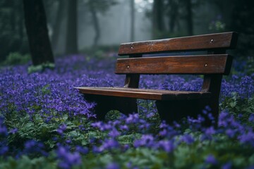 Naklejka premium Serene wooden bench surrounded by vibrant purple flowers in a misty forest