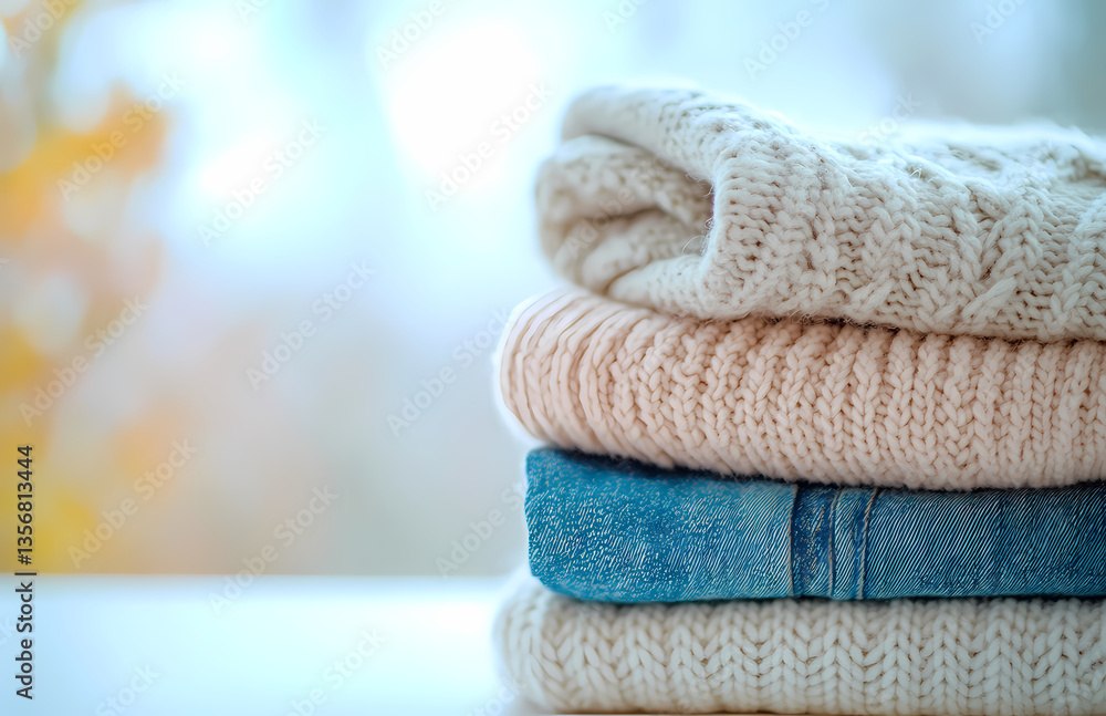 Poster cozy knitted comfort: a meticulously stacked array of knitted sweaters, each with a unique texture, 