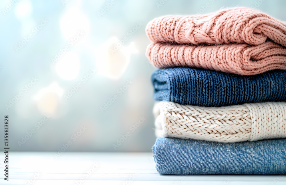 Poster cozy stack of sweaters: a neat stack of folded sweaters in pastel colors rests on a surface. a soft,