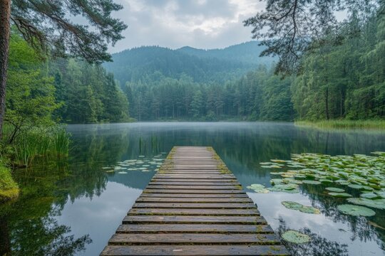 Serene wooden dock extending into a misty lake surrounded by lush forest under a cloudy sky